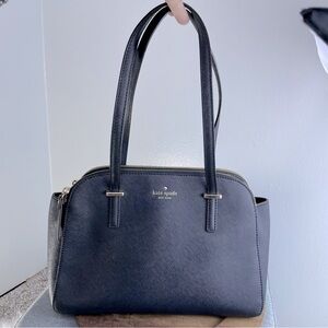 Kate Spade Black Bag Gold Satin Print Lining Two Zipper Section Shoulder Bag